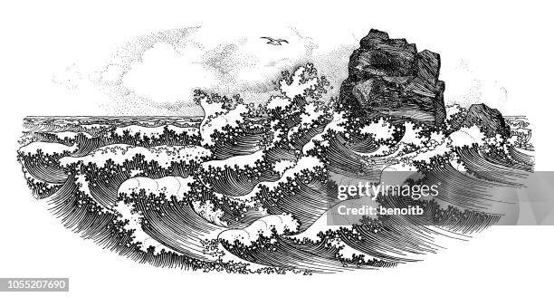 illustrazioni stock, clip art, cartoni animati e icone di tendenza di grandi onde - roccia