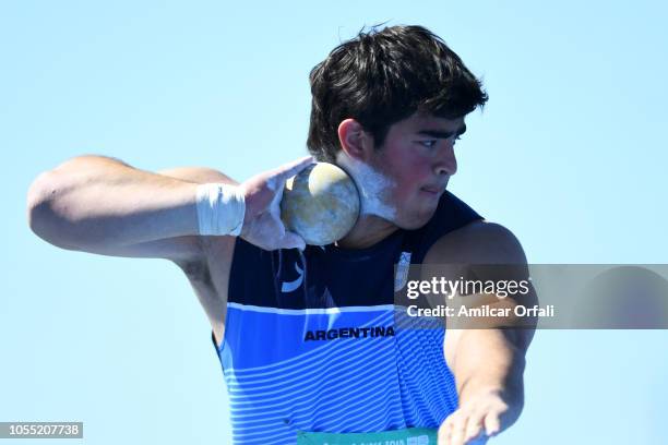 Nazareno Sasia of Argentina competes in Men's Shot Put 5kg during day 9 of Buenos Aires 2018 Youth Olympic Games at Youth Olympic Park Villa Soldati...