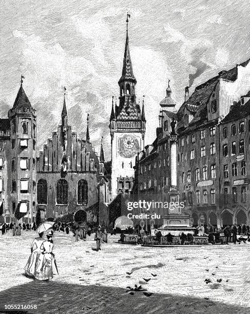 the marienplatz in munich - munich cathedral stock illustrations