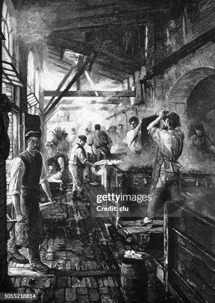 in the yarn dyeing plant - industrial revolution stock illustrations