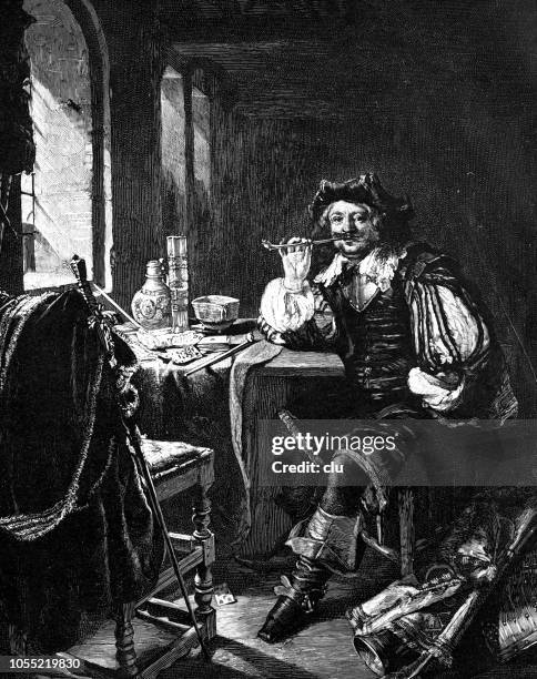 man sitting at a table smoking a pipe with relish - cafe window stock illustrations