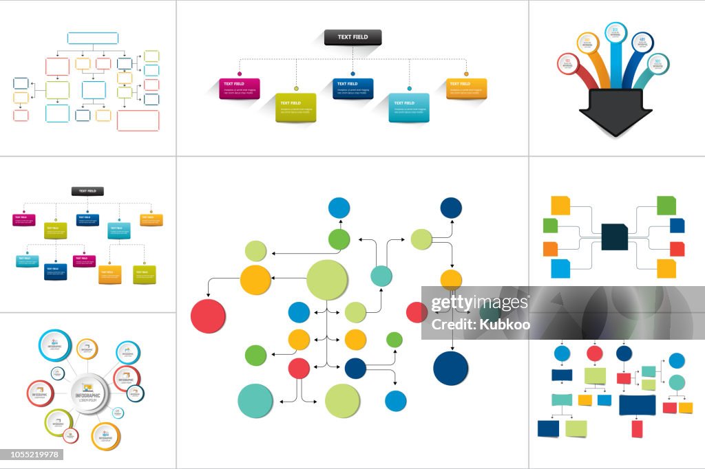 Fowcharts Schemata, Diagramme. Mega-Set. Einfach Farbe bearbeitet werden. Infografik-Elemente.