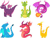 Cute dragons. Fairytale amphibians and reptiles with wings and teeth medieval fantasy wild creatures vector characters