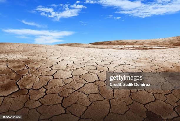 close up dried and cracked landscape over blue sky - overheated stock pictures, royalty-free photos & images