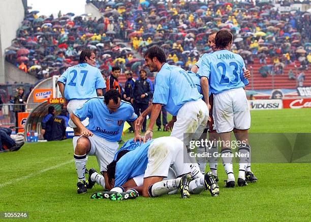 Chievo players celebrate during the Serie A match between Udinese and Chievo, played at the Friuli Stadium, Udine. DIGITAL IMAGE Mandatory Credit:...