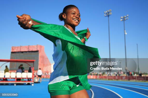 Rosemary Chukuma of Nigeria celebrates after winning the gold medal in Women's 100mduring day 9 of Buenos Aires 2018 Youth Olympic Games at Youth...