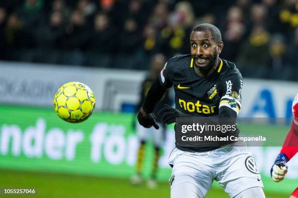 Forward Henok Goitom chasing the ball during an Allsvenskan match between AIK and Malmo FF at Friends Arena on October 29, 2018 in Stockholm, Sweden.