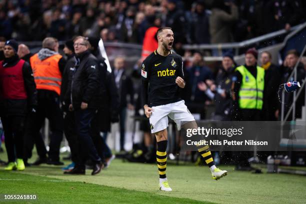 Alexander Milosevic of AIK celebrates during the Allsvenskan match between AIK and Malmo FF at Friends Arena on October 29, 2018 in Stockholm, Sweden.