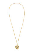 Heart shaped gold necklace on white background