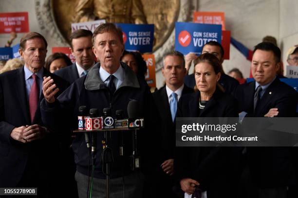 Democratic gubernatorial candidate Ned Lamont speaks at a gun violence press conference on the north steps of the state Capitol in the wake of the...