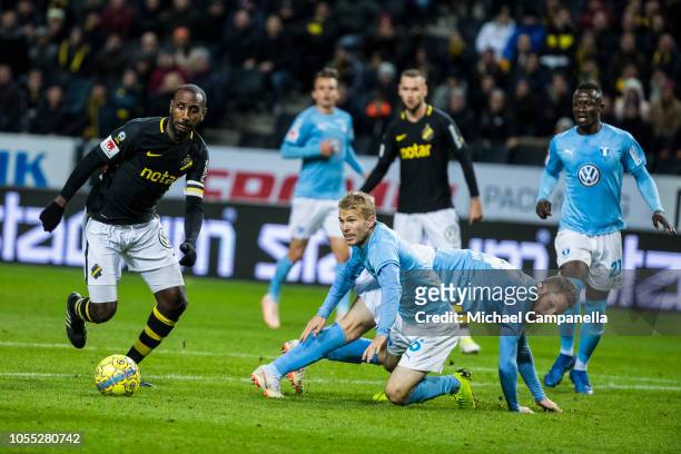Henok Goitom of AIK looks to get a shoot off during an Allsvenskan match between AIK and Malmo FF at Friends Arena on October 29, 2018 in Stockholm,...
