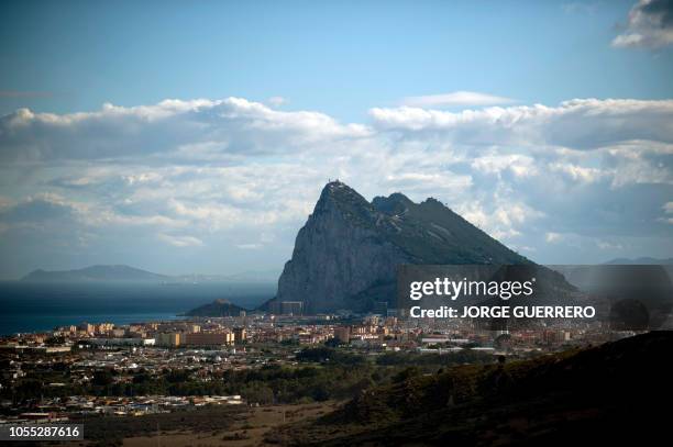 Picture shows Gibraltar Rock from La Linea de la Concepcion near the southern Spanish city of Cadiz on October 16, 2018. - Gibraltar has close to...