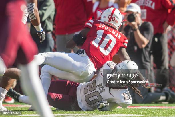 Bethune Cookman Wildcats cornerback Trevor Merritt brings down Nebraska Cornhuskers wide receiver JD Spielman during the game between the...