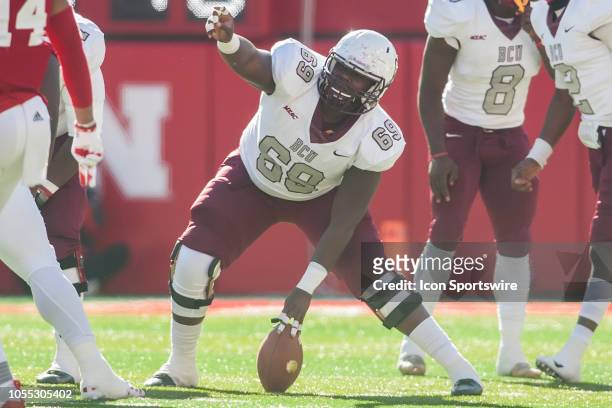 Bethune Cookman Wildcats offensive lineman L'Dre Barnes sets ups for the snap during the game between the Bethune-Cookman Wildcats and the Nebraska...