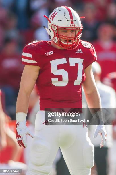 Nebraska Cornhuskers linebacker Jacob Weinmaster gets set up at his position during the game between the Bethune-Cookman Wildcats and the Nebraska...