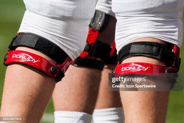 Donjoy Knee being worn by members of the Nebraska Football team during the game between the Bethune-Cookman Wildcats and the Nebraska Cornhuskers on...