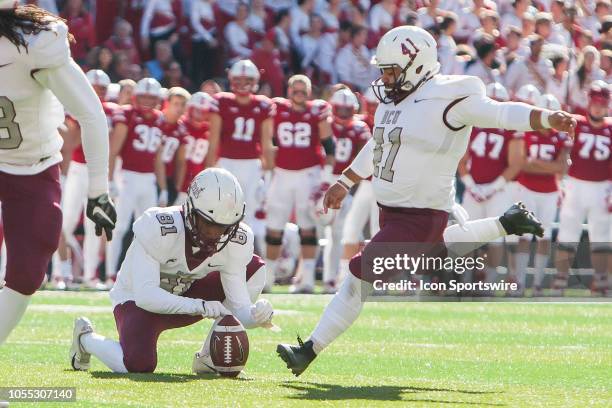 Bethune Cookman Wildcats place kicker Uriel Hernandez kicks a field goal during the game between the Bethune-Cookman Wildcats and the Nebraska...