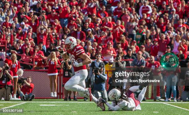 Bethune Cookman Wildcats cornerback Trevor Merritt saves a touchdown by grabbing the shoe of Nebraska Cornhuskers tight end Jack Stoll during the...