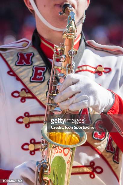 Saxophone player of the Corn Husker Band performs at halftime during the game between the Bethune-Cookman Wildcats and the Nebraska Cornhuskers on...