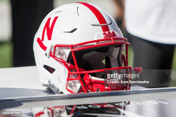 Nebraska Football Helmet sits atop an equipment case during the game between the Bethune-Cookman Wildcats and the Nebraska Cornhuskers on Saturday...