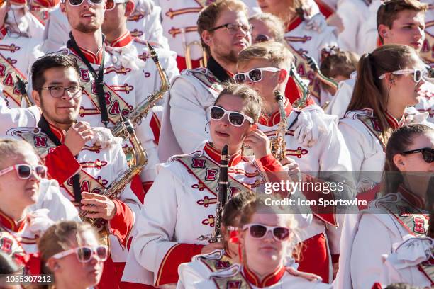 Members of the Corn Husker Marching band get set in the stands during the game between the Bethune-Cookman Wildcats and the Nebraska Cornhuskers on...