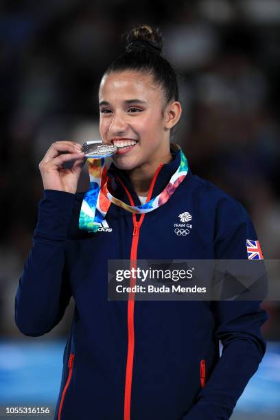 Amilie Morgan of Great Britain looks on in the podium of Women's Floor Exercise during Day 9 of Buenos Aires 2018 Youth Olympic Games at Youth...