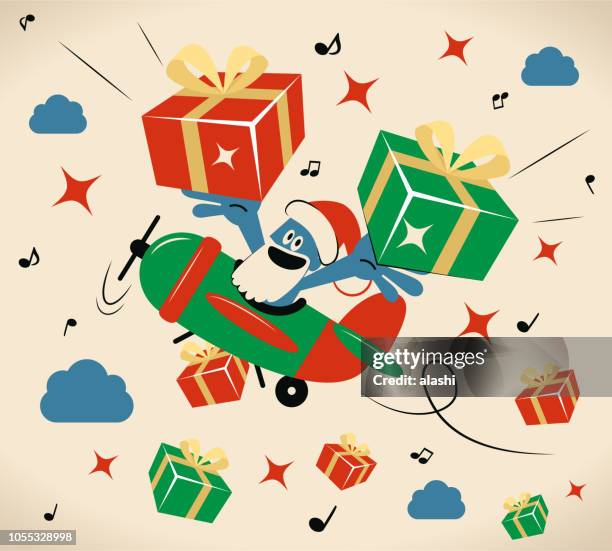 plane pilot with santa hat and beard carrying and dropping gift boxes - bow down stock illustrations