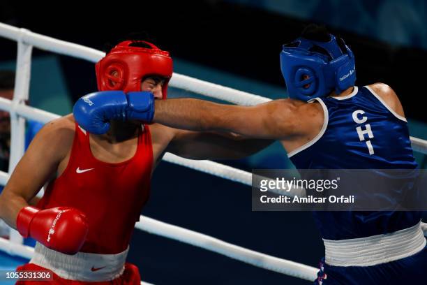 Andrews Salgado of Chile and Aibek Oralbay of Kazakhstan compete in the Men's Heavy Preliminary Round 2 on day 9 of Buenos Aires 2018 Youth Olympic...