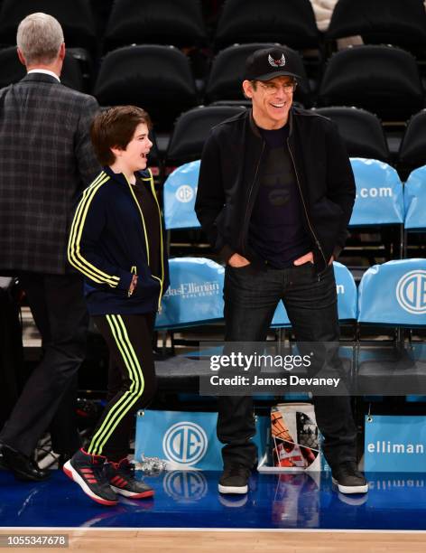 Quinlin Stiller and Ben Stiller attend the Brooklyn Nets vs New York Knicks game at Madison Square Garden on October 29, 2018 in New York City.