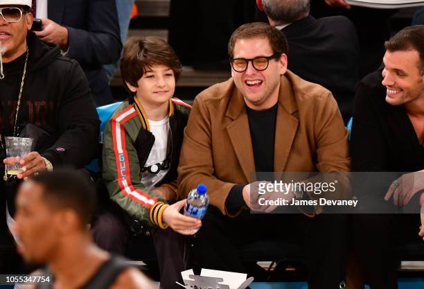 Sunny Suljic and Jonah Hill attend the Brooklyn Nets vs New York Knicks game at Madison Square Garden on October 29, 2018 in New York City.