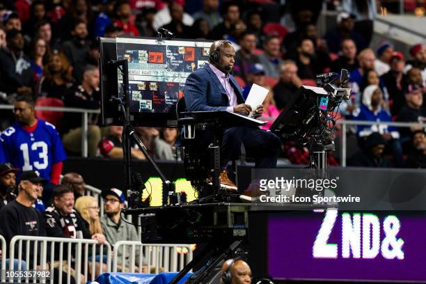 Field Analyst Booger McFarland during an NFL regular season game against the New York Giants and the Atlanta Falcons at Mercedes-Benz Stadium on...