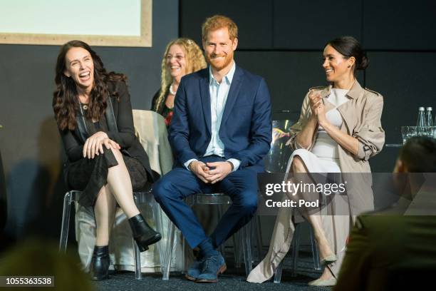 Prince Harry, Duke of Sussex, Meghan, Duchess of Sussex and New Zealand Prime Minister Jacinda Ardern attend Pillars, a charity operating across New...