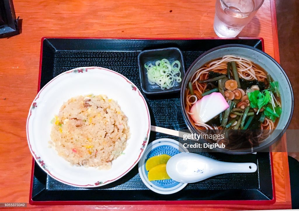 Lunch meal of yakimeshi (fried rice) and sansai soba (buckwheat noodles)