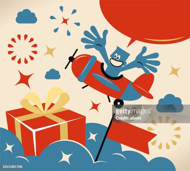 plane pilot finding a big gift box on cloud, sky with firework display - businesses set off fireworks for good fortune stock illustrations