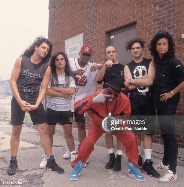 Portrait of the bands Anthrax and Public Enemy during the filming of the video for the song 'Bring The Noise,' in Chicago, Illinois, June 25, 1991....