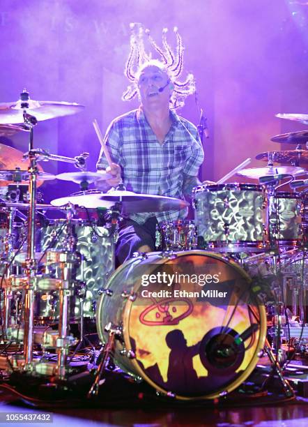 Drummer Morgan Rose of Sevendust performs at the Marquee Theatre as the band tours in support of the album "All I See is War" on October 15, 2018 in...