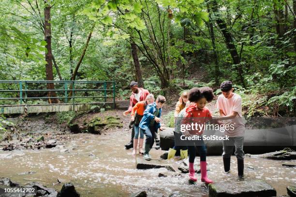 working together to cross the river - kid adventure stock pictures, royalty-free photos & images