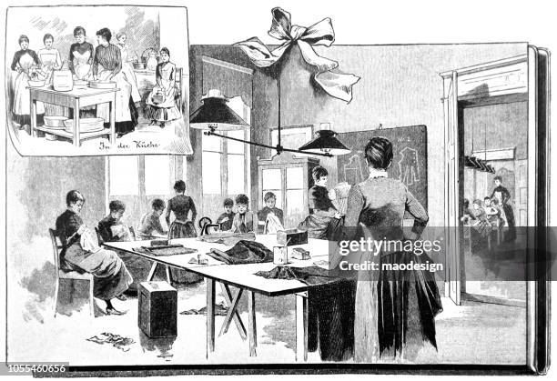 arbeiten sie in der schneider-fabrik und in der küche - 1888 - schneiderpuppe stock-grafiken, -clipart, -cartoons und -symbole