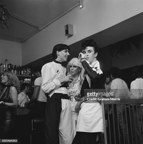 Blitz Kid and pop singer Steve Strange and friends attending a party at nightclub Global Village in Charing Cross, London, UK, 18th July 1979.