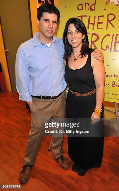 Author Max Brooks and writer Michelle Kholos Brooks arrive at Open Night Premiere of the Play "Love And Other Allergies" at the Lounge Theater on...