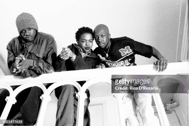 Hip Hop group The Fugees, portrait, backstage, Paradiso, Amsterdam, Netherlands, 1994. L-R Wyclef Jean, Lauryn Hill, Pras Michel.