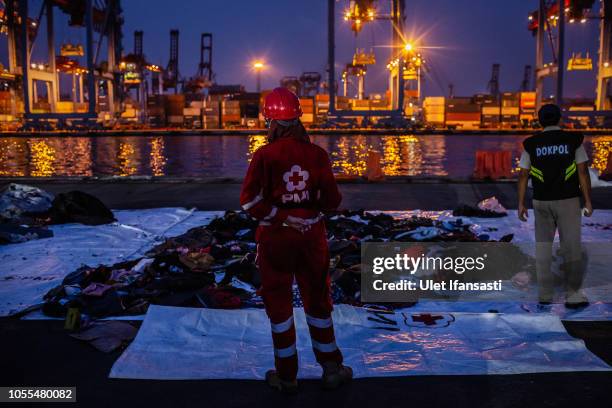 Indonesian red cross member stands in front of recovered personal items from Lion Air flight JT 610 at the Tanjung Priok port on October 30, 2018 in...