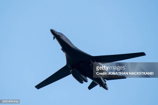 United States Air Force's Rockwell B-1 Lancer, a supersonic variable-sweep wing, heavy bomber flies during an Air Power Capability Demonstration of...