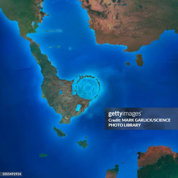 ilustraciones, imágenes clip art, dibujos animados e iconos de stock de chicxulub impact crater, illustration - cráter de meteorito
