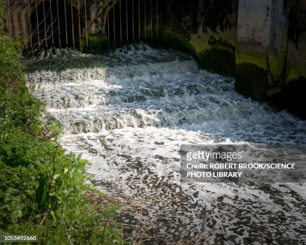 outfall from sewage treatment works - wasserverschmutzung stock-fotos und bilder