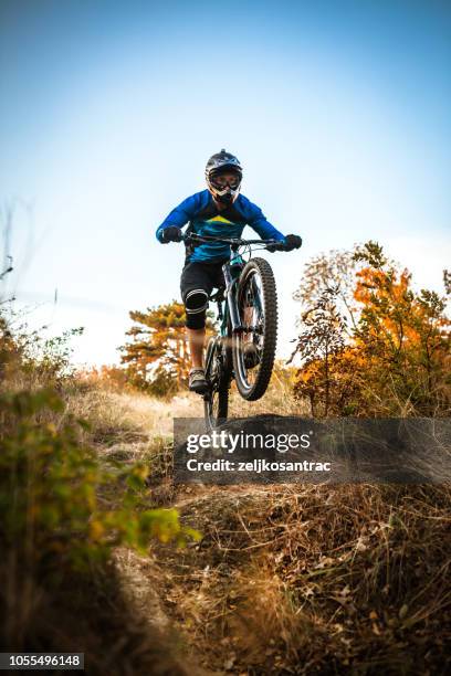 mountain biker cycling on trail in woods - mountainbike stock pictures, royalty-free photos & images