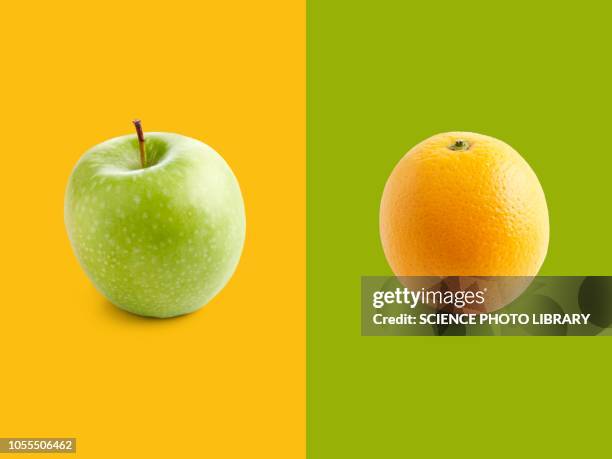 apple and orange against yellow and green background - compere stock-fotos und bilder