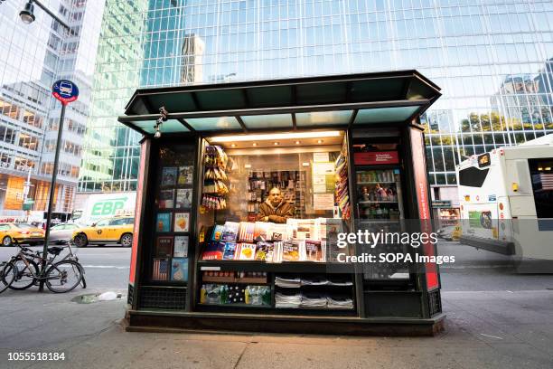 News papers containing fake headlines and books containing fake articles are seen displayed on a news stand at the times square. The...