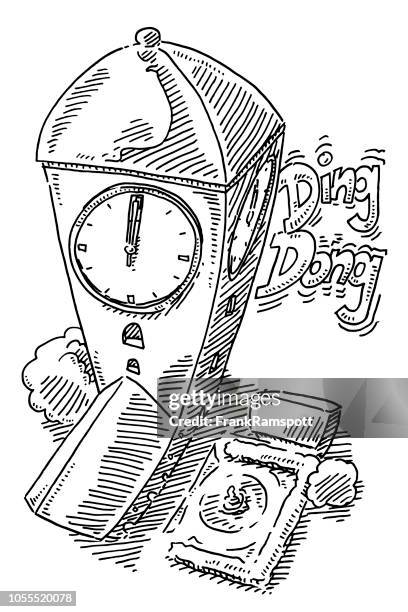 church clock ding dong drawing - church black and white clipart stock illustrations