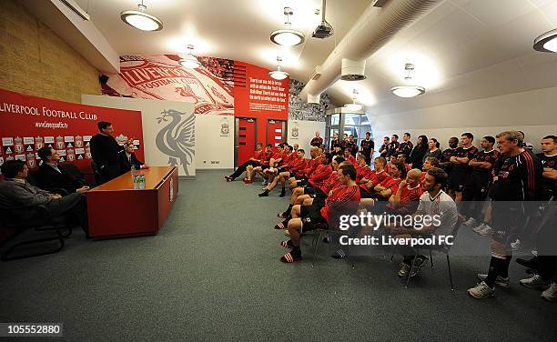 In this handout image supplied by Liverpool Football Club, new owners John W. Henry, Joe Januszewski and Thomas Werner of NESV address players and...